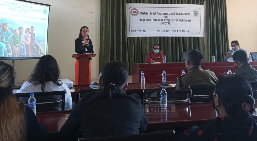 Deputy Project Director, NEP-(NECTAR), Avelu Ruho speaking during the district level awareness and sensitization on Nagaland Education Project-The Lighthouse (NECTAR) at DC’s conference hall, Kiphire. (DIPR Photo)